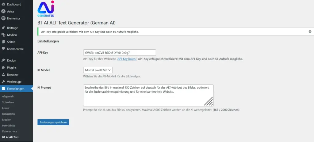 Einstellungen KI Plugin zur Generierung von ALT-Texten für Bilder