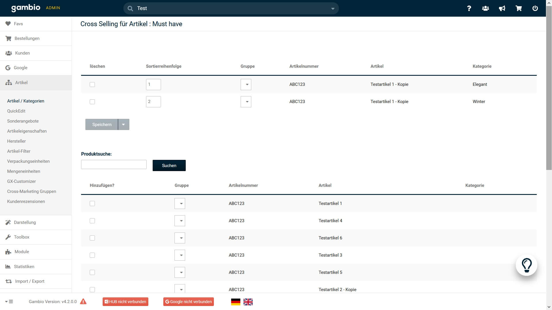 Cross Selling Zuordnung im Gambio Admin