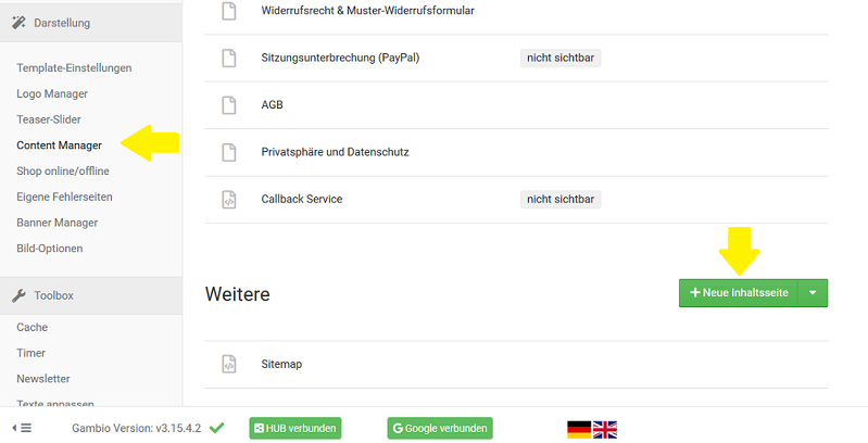 Gambio neue Inhaltsseite für versandkostenfrei und Rabatt-Aktions in Gambio-Shop anlegen