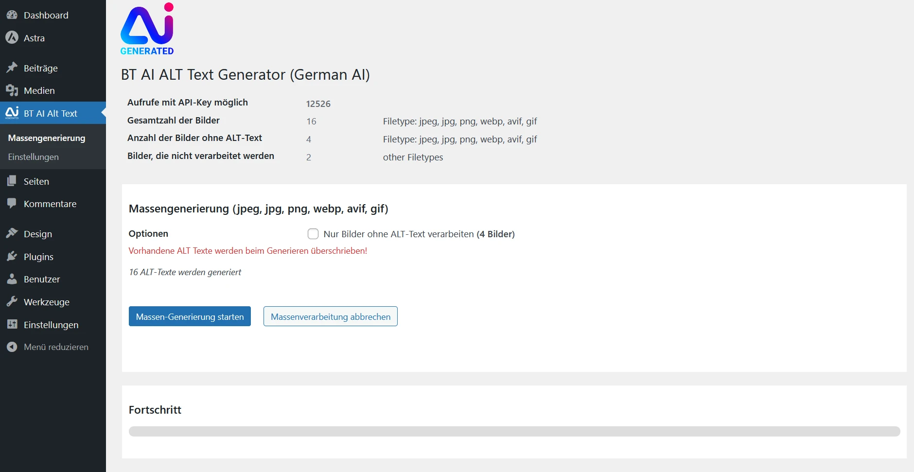 Massenbearbeitung mit KI aller Bilder aus der WordPress Medien-Bibliothek