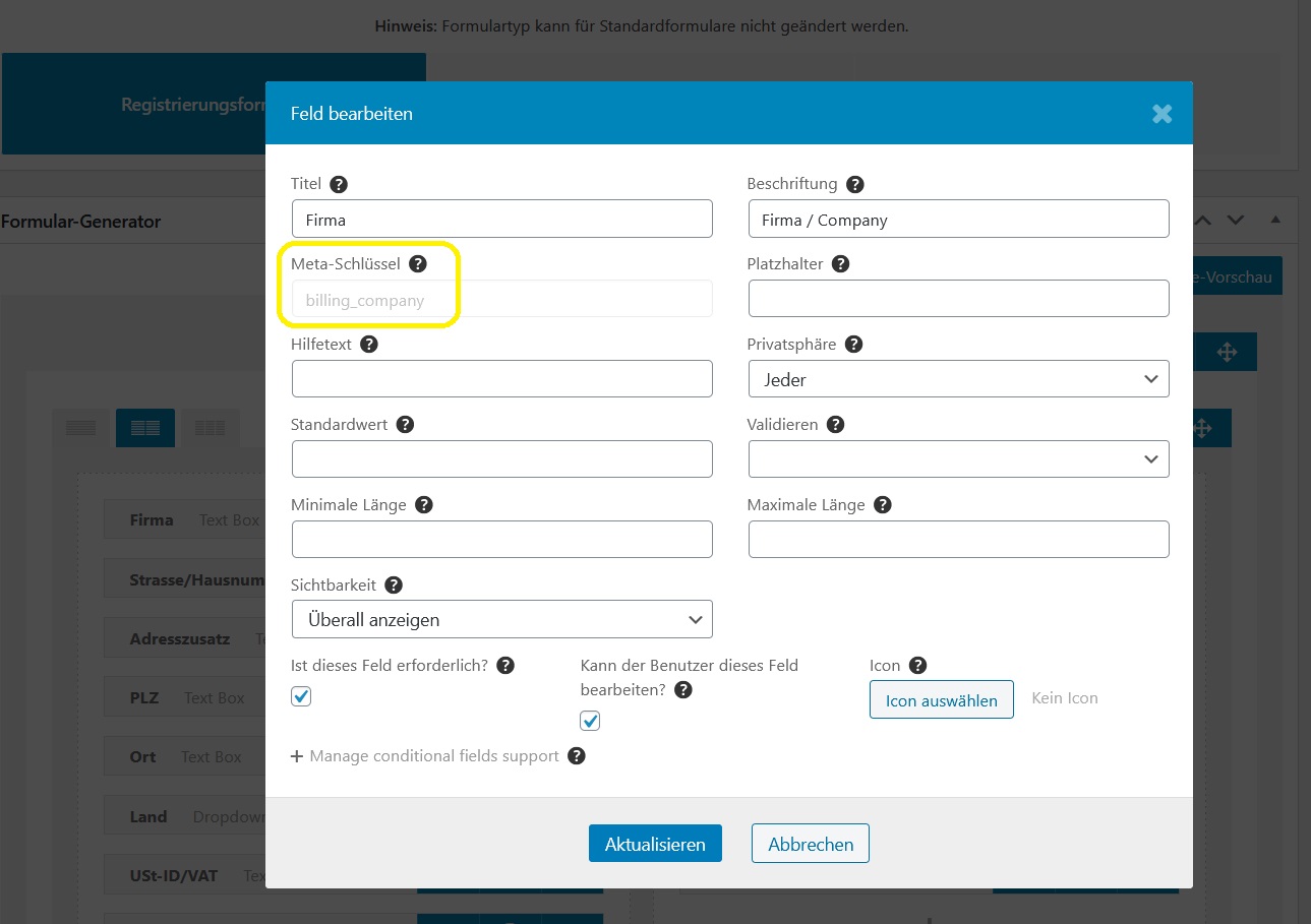 Ultimate Member Registrierungsformular mit WooCommerce Billing Meta-Keys