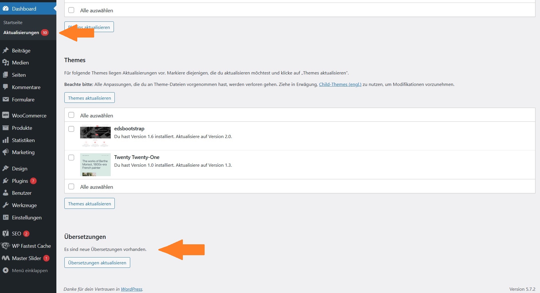 Wordpress Dashboard - Aktualisierungen - Übersetzungen aktualisieren
