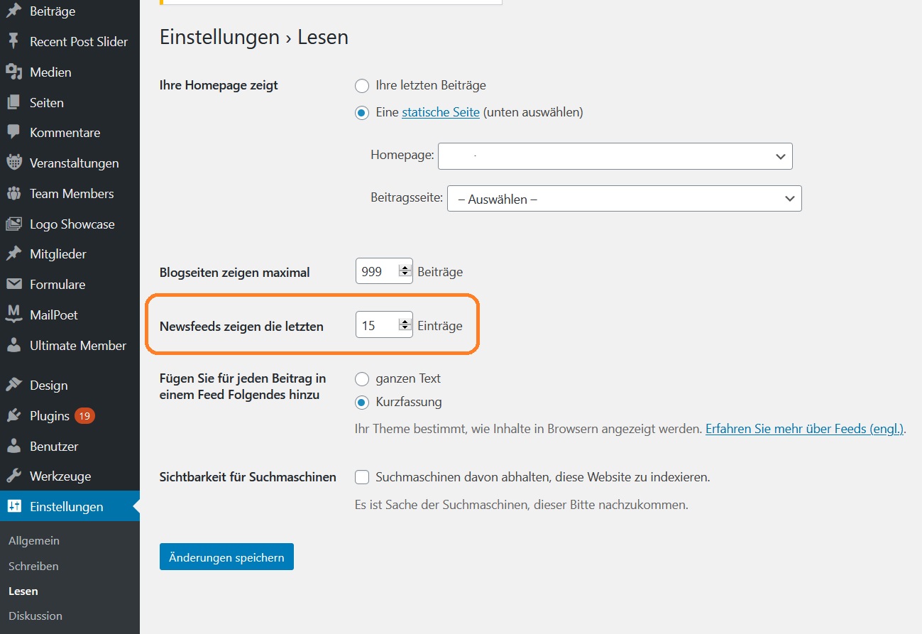 Wordpress Backend Einstellung Newsfeeds