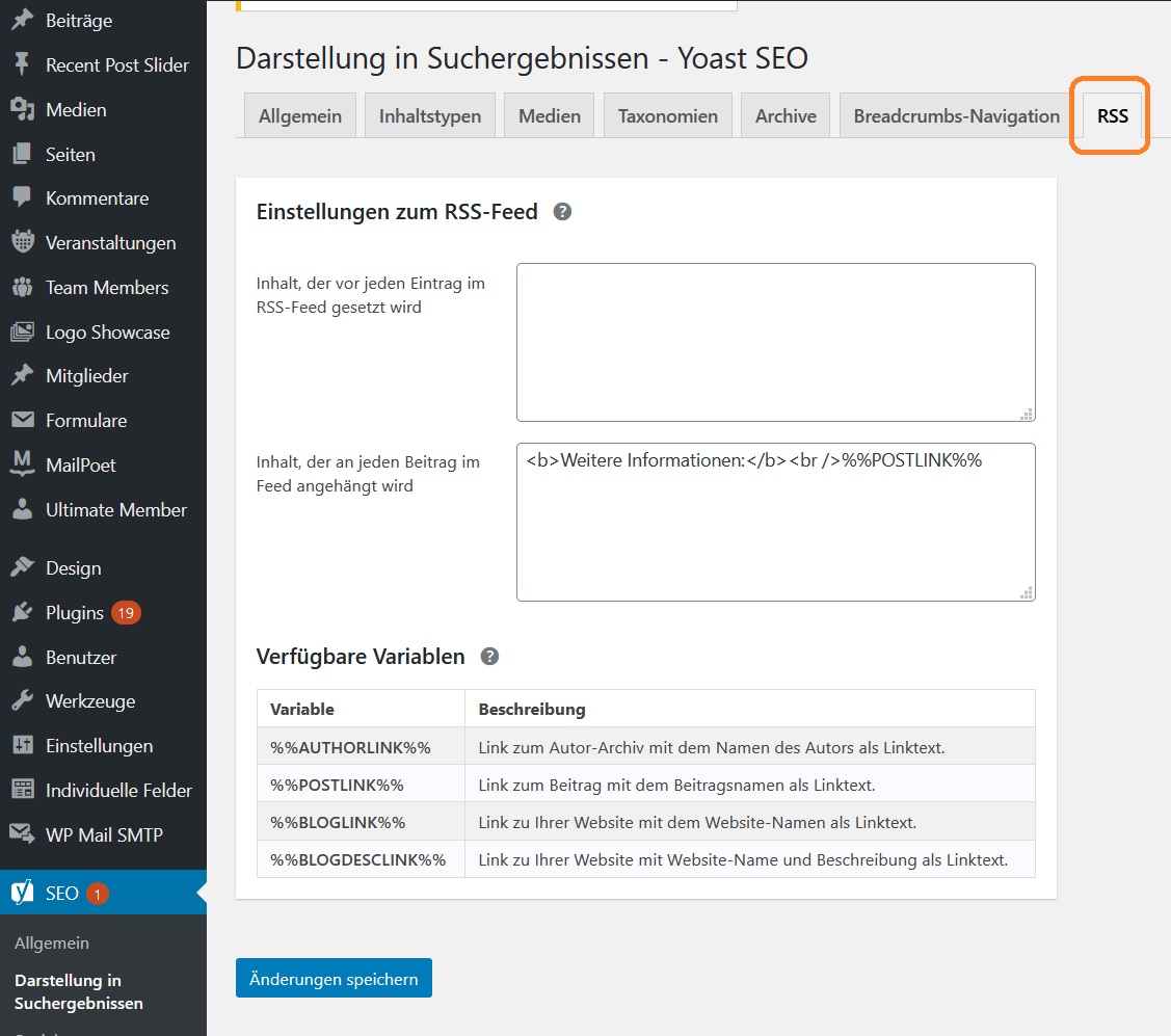 Wordpress Einstellungen RSS Feeds mit Yoast SEO